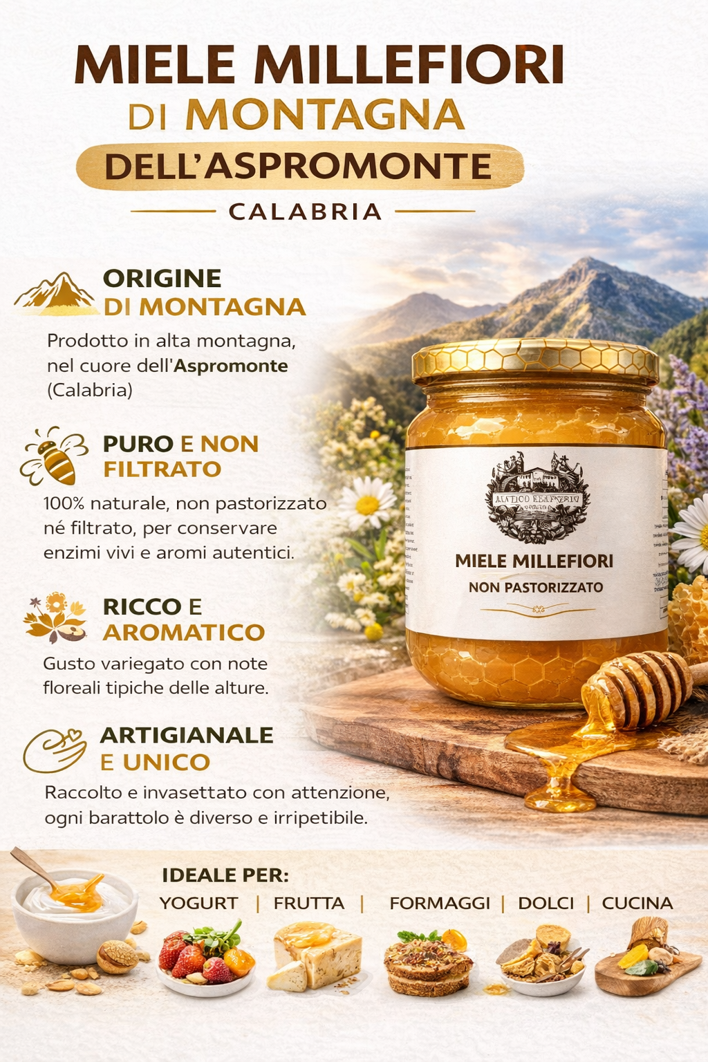 Miele Millefiori di Montagna dell’Aspromonte – Non Pastorizzato e Non Filtrato | 100% Italiano