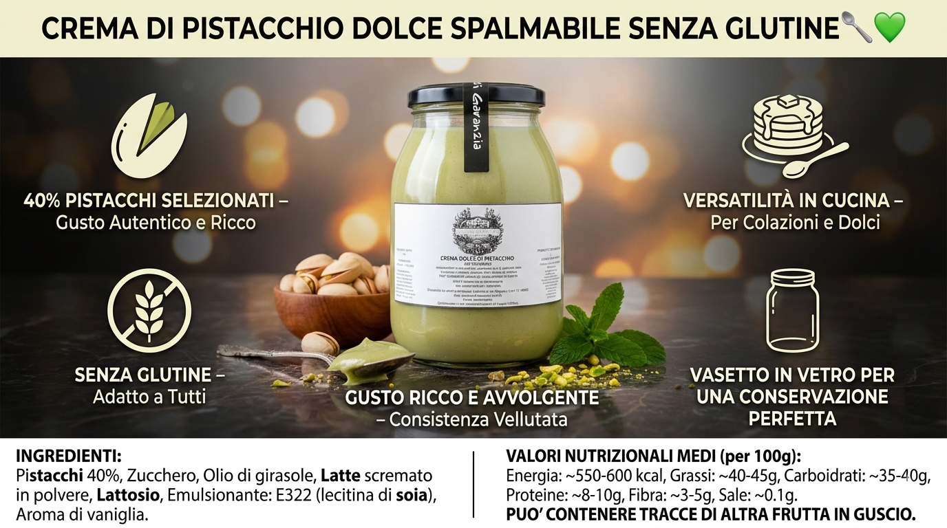 Crema di Pistacchio al 40% Dolce - Senza Glutine, Spalmabile e Artigianale