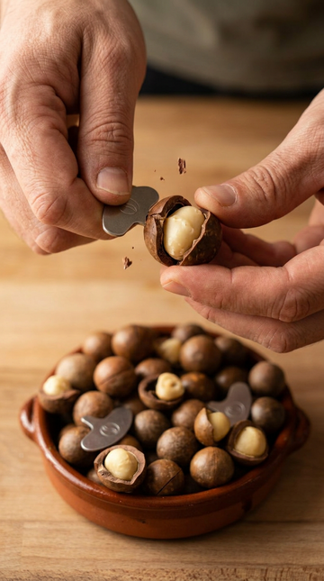 Macadamia pre-crack aperta con la chiavetta