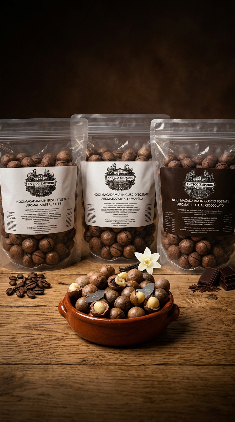 Tris Macadamia: cioccolato, vaniglia e caffe - 3 buste da 500 g